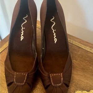Nina Chocolate Brown Heels with Rhinestone Buckle